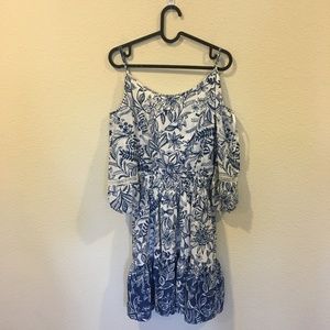 Eliza J Dresses - NWT Eliza J cold shoulder blue printed dress Eliza J Dresses - NWT Eliza J cold shoulder blue printed dress